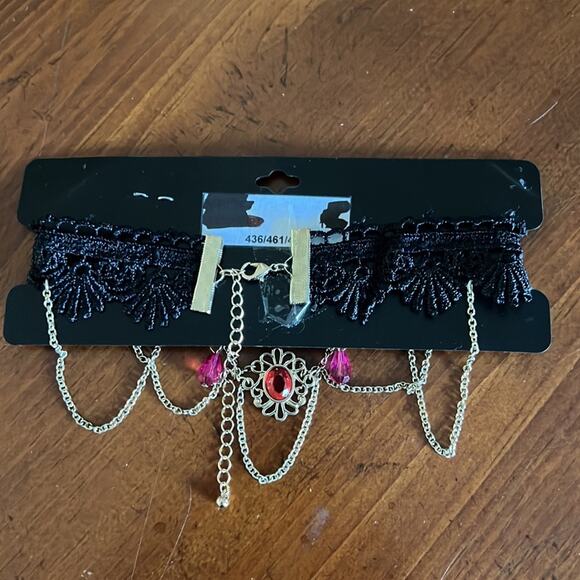 isc Black Lace Choker Necklace with Gold & Red Beads and Chains 3" Drop - Picture 4 of 4